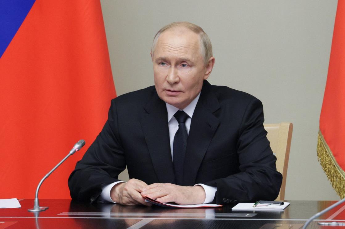 Russia&#039;s President Vladimir Putin holds a meeting with members of the Security Council at the Novo-Ogaryovo residence, outside Moscow on Aug. 16, 2024. (AFP Photo via Sputnik)